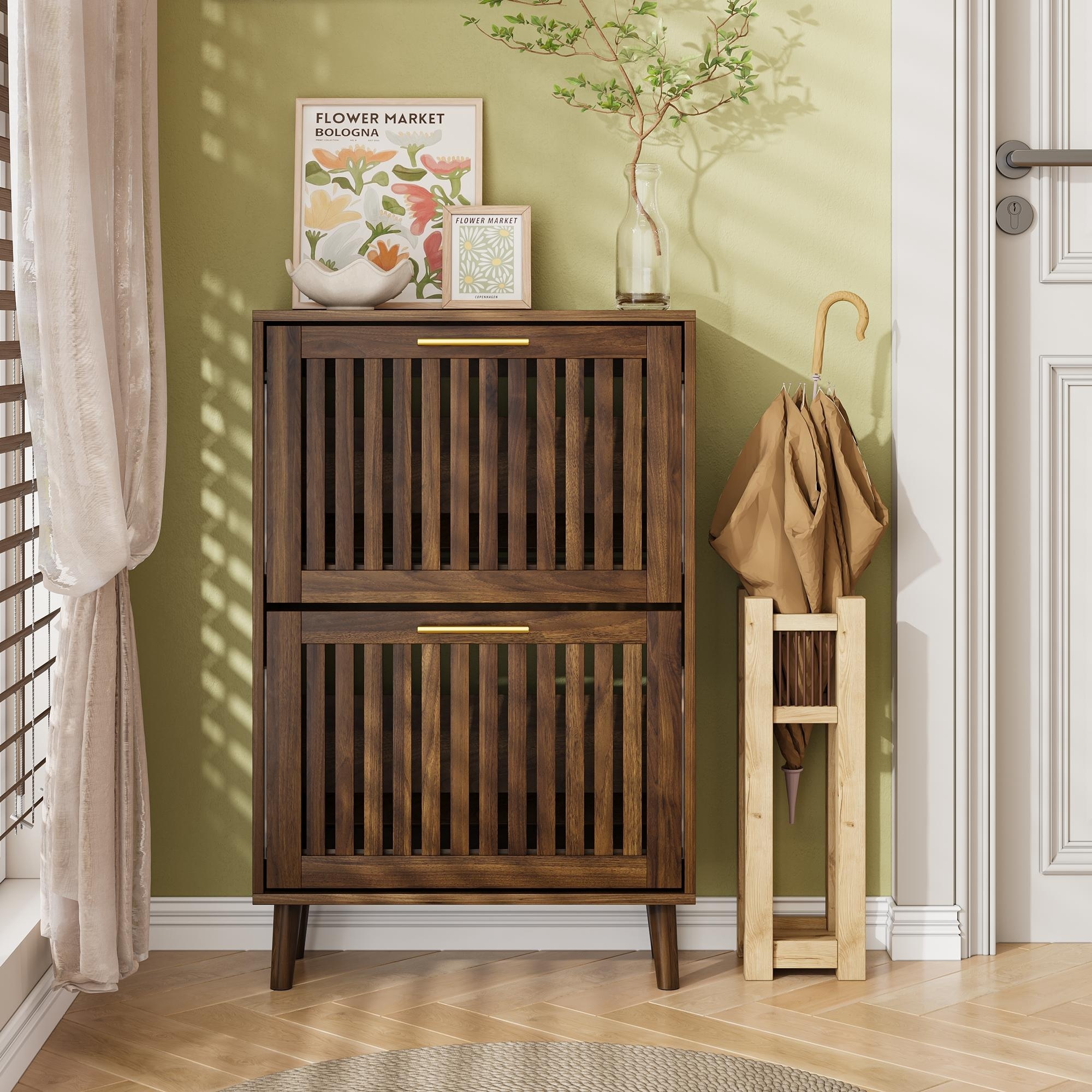 Shoe Cabinet with 2 Flip Louvered Drawers,Freestanding Slim Shoe Organizer Cabinet