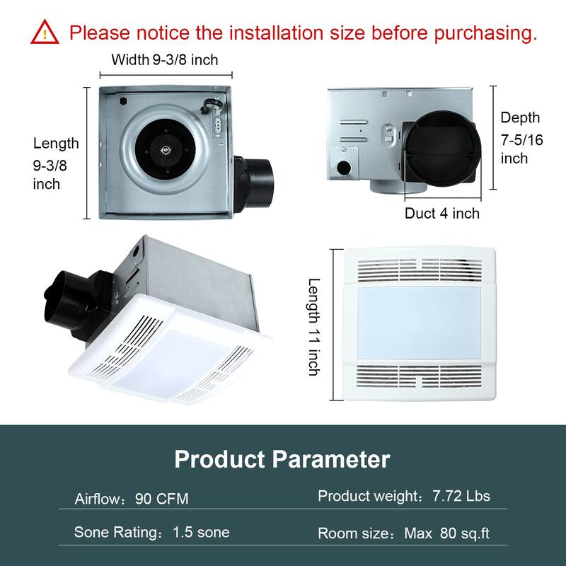 Ultra Quiet Bathroom Exhaust Fan with LED Light 90CFM 1.5 Sone Bathroom Ventilation Fan with Square Frosted Plastic Cover