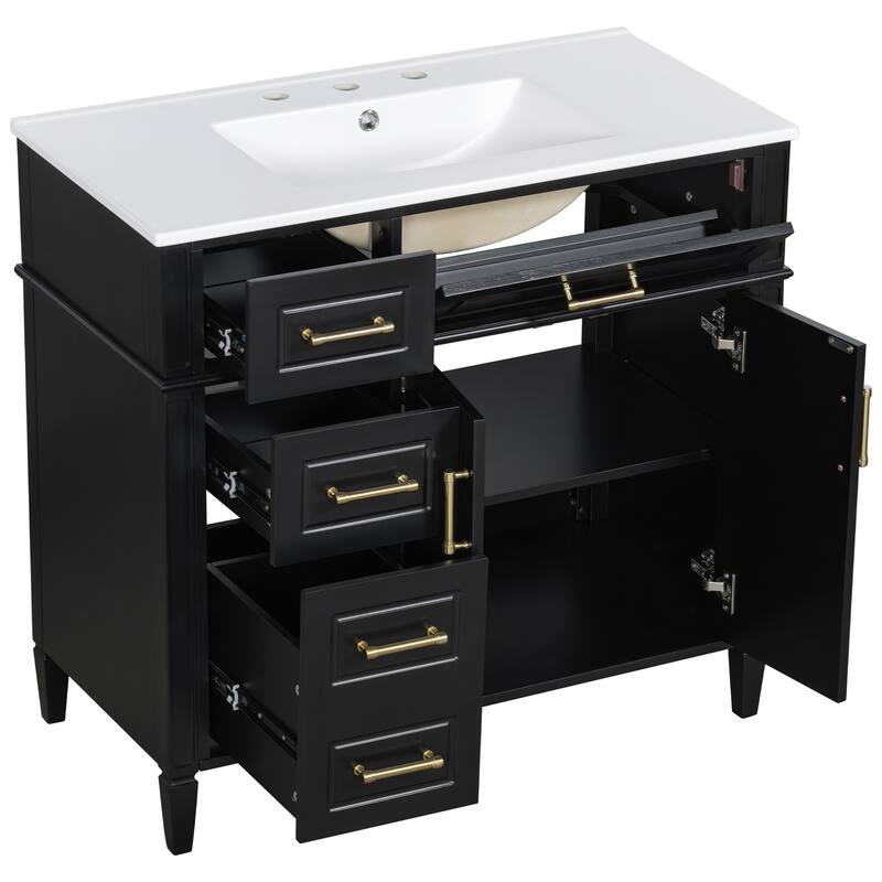 36 Inch Single Sink Bathroom Vanity Cabinet with 4 Drawers, Vanity Base & Ceramic Basin Set