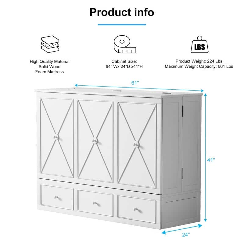 Mixoy Murphy Bed with Foldable Mattress,Modern Cube Cabinet Bed with Storage Drawer & USB Charging Station