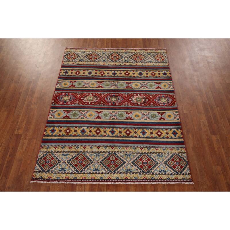 Striped Kazak Oriental Area Rug Handmade Wool Carpet - 5'2" x 6'8"