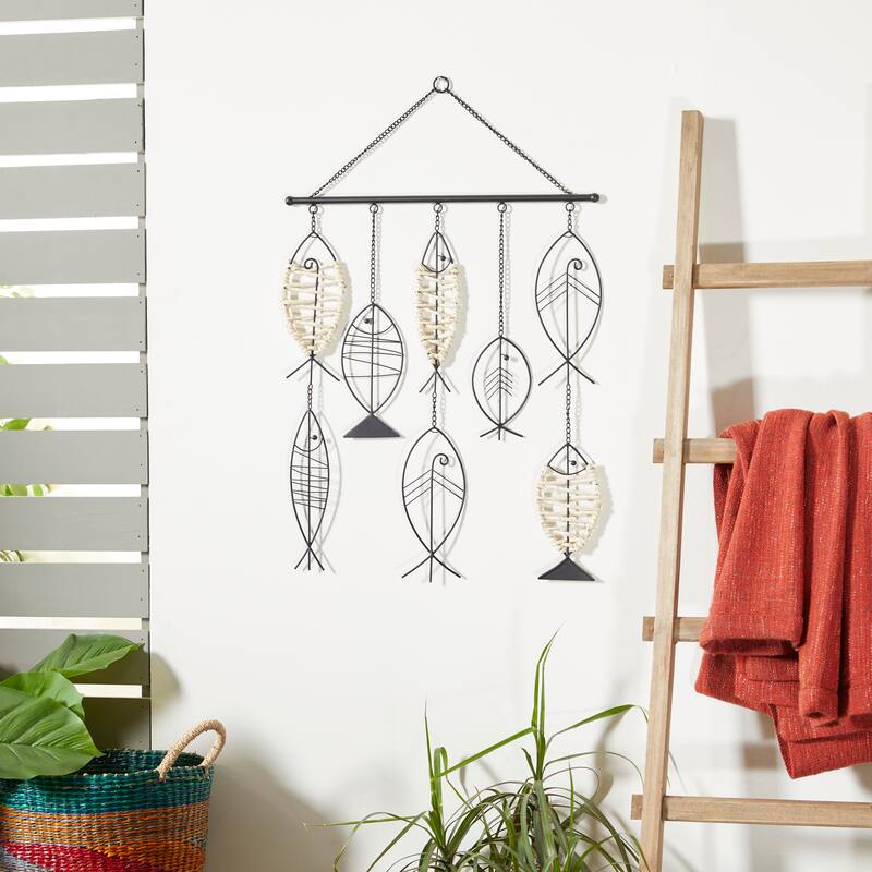Metal Fish Indoor Outdoor Wire Wall Decor with Rattan Accents - Black - Roche River Decor