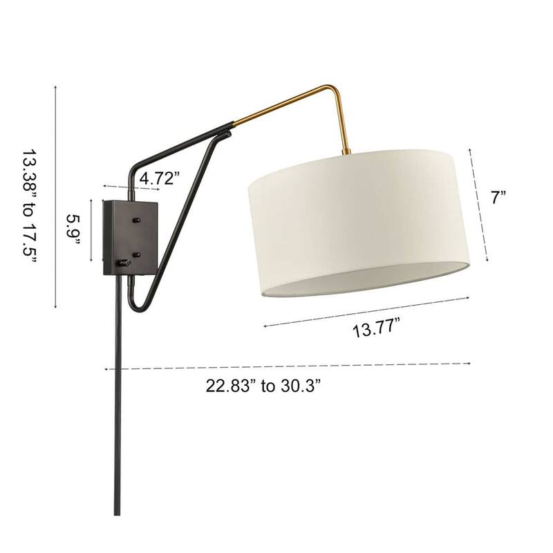 Hierro Mid-Century Fabric Plug-in Wall Light Swing Arm Wall Lamp - Black & Brass