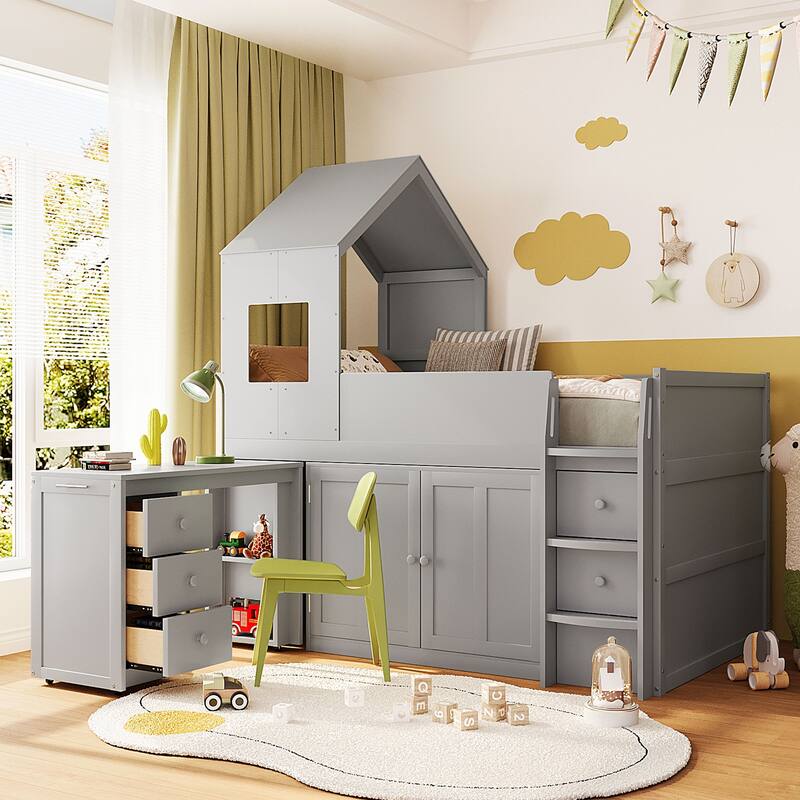 Twin Wood Loft Bed with Desk, Drawers & Cabinets, Space-Saving Design - Grey - Twin