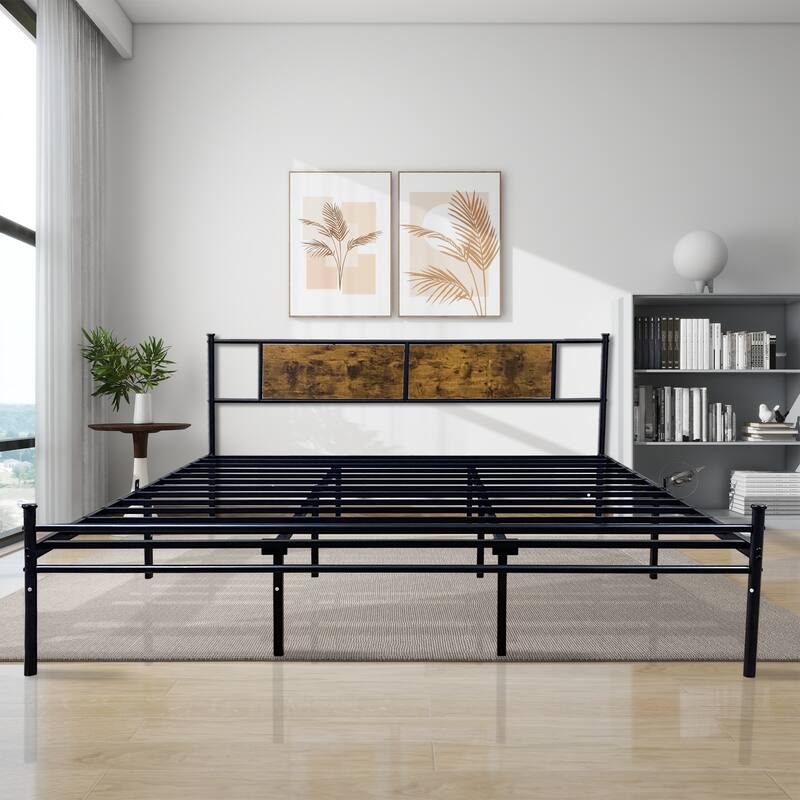 Queen Size Metal Platform Bed with Wood Headboard and Footboard, 14" Under-Bed Storage