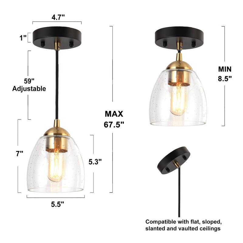 Modern Contemporary 1-Light Black Gold Glass Kitchen Island Lights for Dining Room - 5.5" D x 9" H