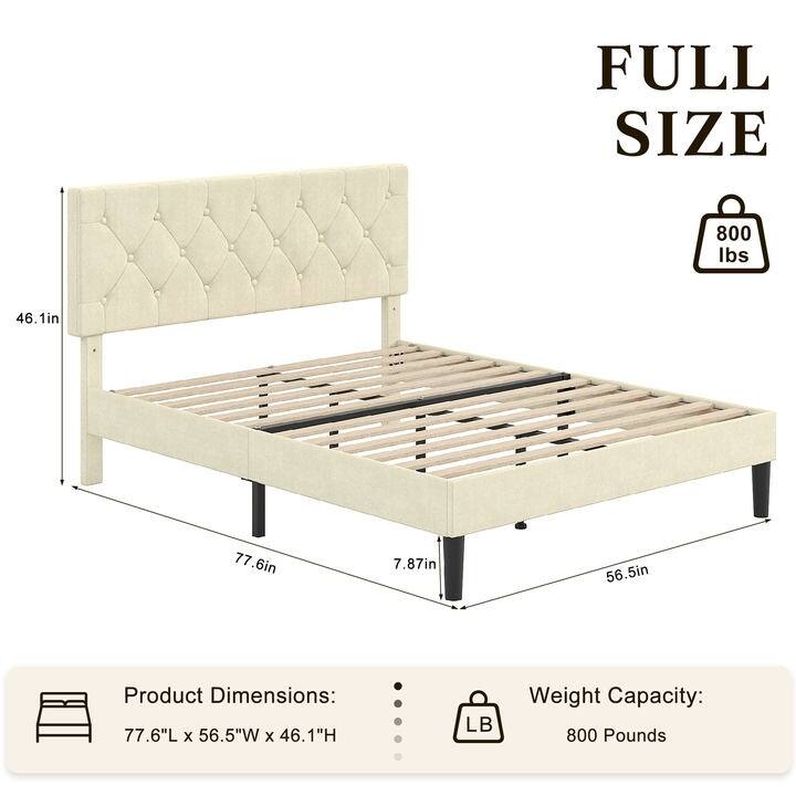 Upholstered Bed Frame, Button Tufted Platform Bed with Linen Headboard, No Box Spring Needed