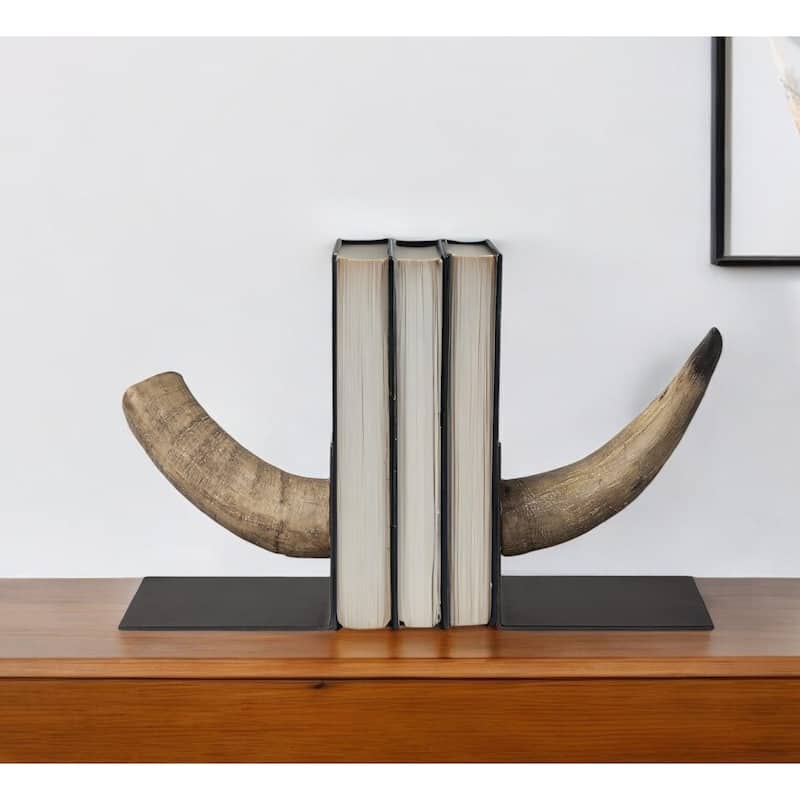 HomeRoots Set of Two 6" Brown and Black Ceramic Horn Decorative Bookends - 5.5118" H x 6.4961" W x 5.5" D