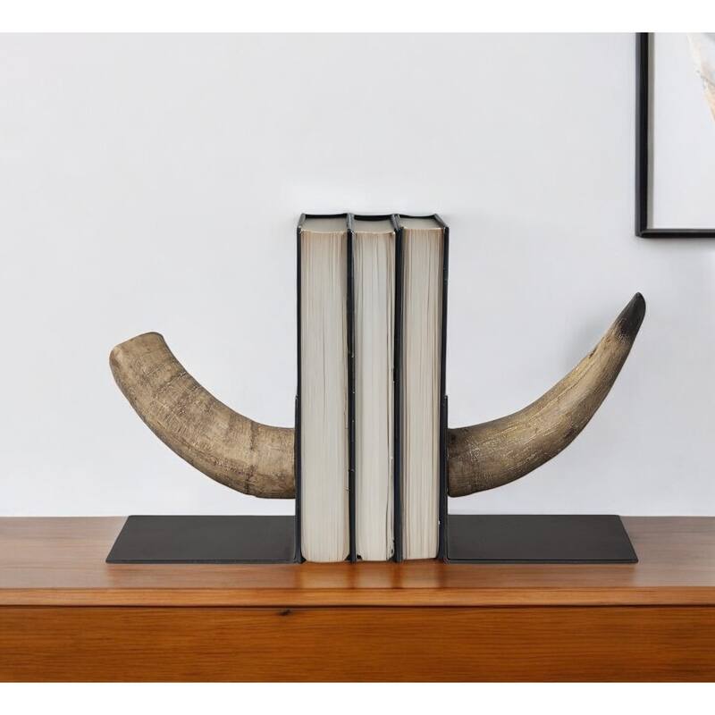 HomeRoots Set of Two Brown And Black Resin And Metal Horn Decorative Bookends - 5.5118" H x 6.4961" W x 5.5" D