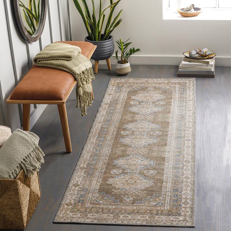 Livabliss Traditional Colin Medallion Washable Area Rug - 2'7" x 7'3" - Tan/Blue
