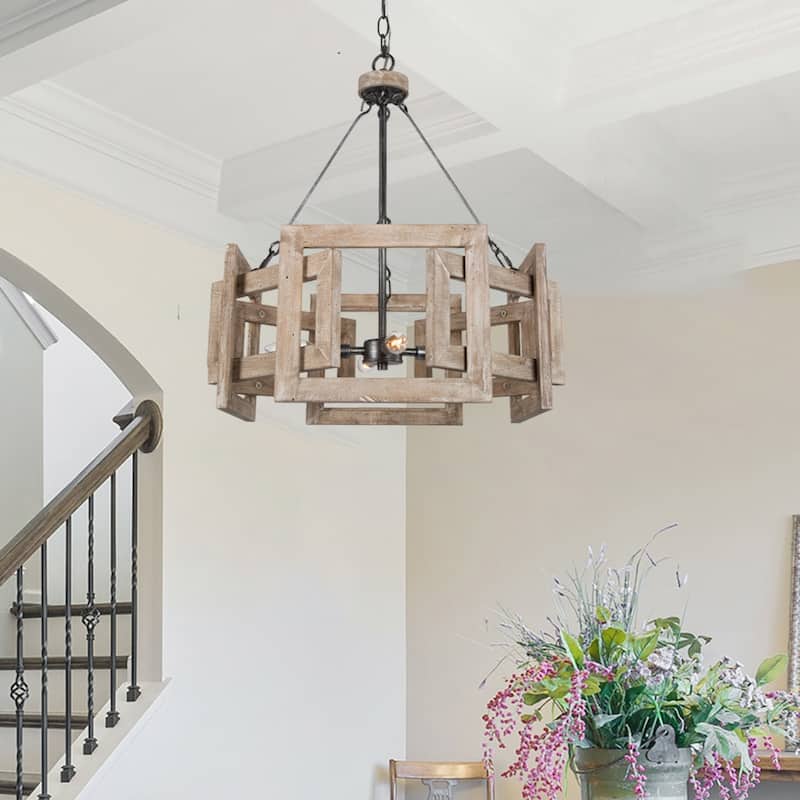 Rustic Farmhouse 4-light Solid Wood Drum Cage Chandelier Kitchen Dining Room Foyer Lighting - 20" D x 22.5" H