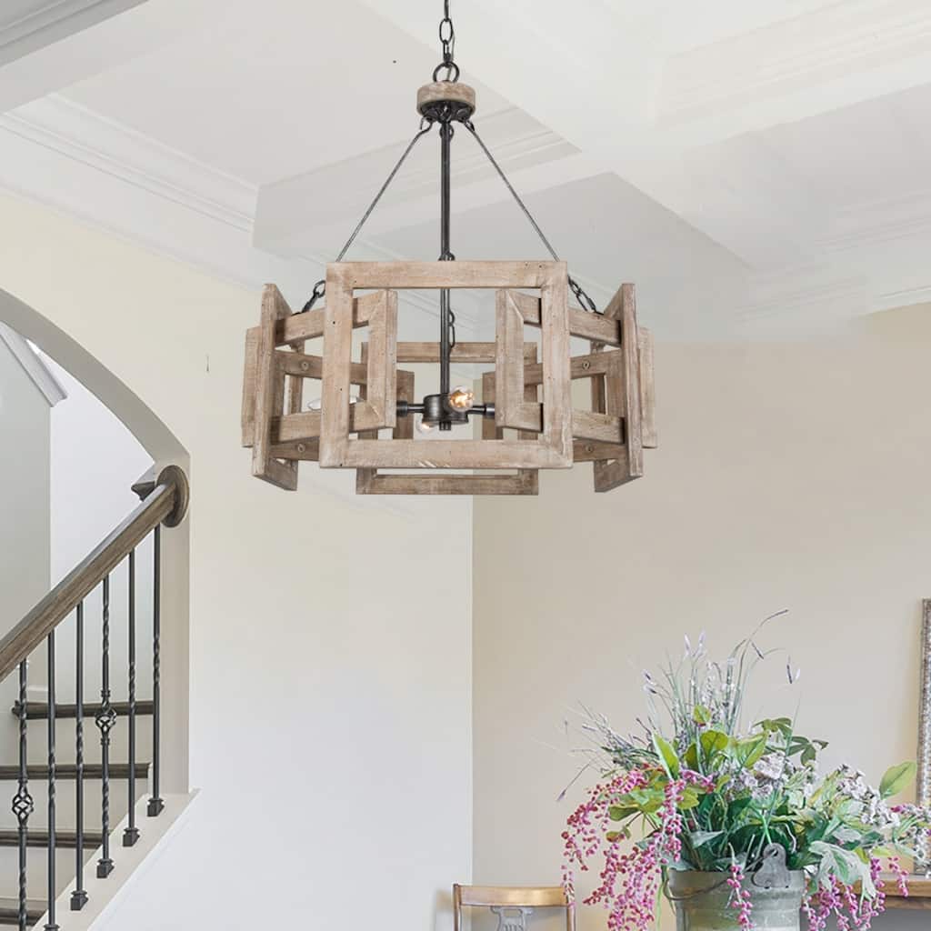 Rustic Farmhouse 4-light Solid Wood Drum Cage Chandelier Kitchen Dining Room Foyer Lighting - 20" D x 22.5" H