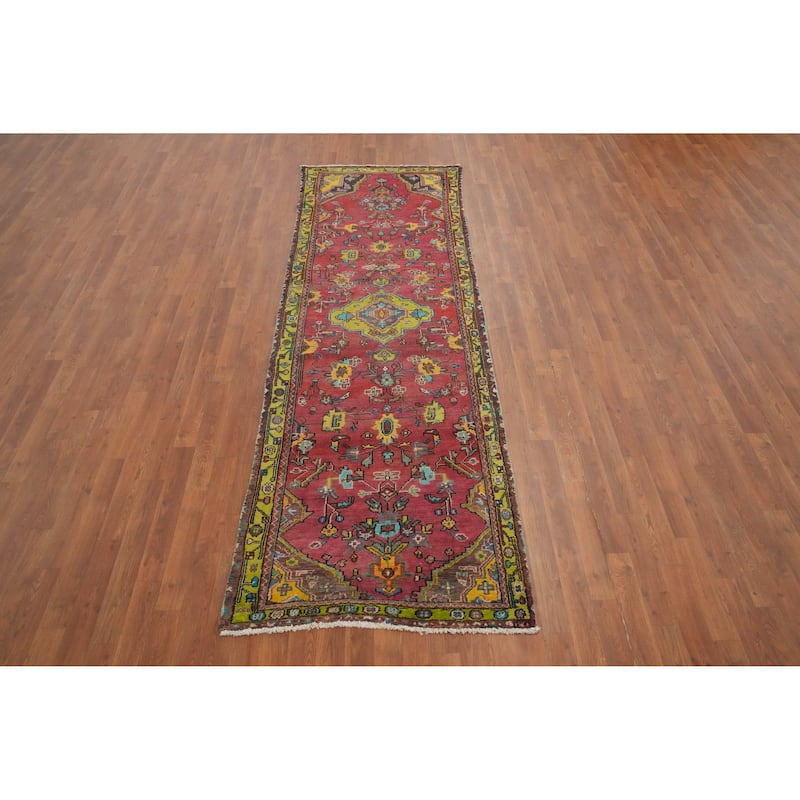 Hand Knotted Oriental 100% Wool Carpet Traditional Floral Pink Heriz Runner Rug - 9' 9'' X 3' 1''