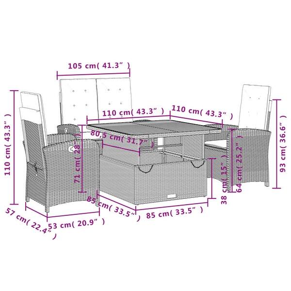 dimension image slide 12 of 31, vidaXL Patio Dining Set with Cushions Outdoor Seating Gray Poly Rattan