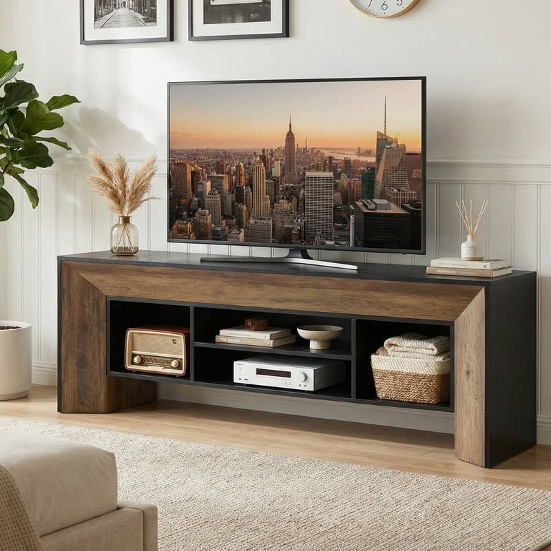 Farmhouse TV Stands for 70 inches TV, Wooden Entertainment Center with Open Storage Shelves for Living Room