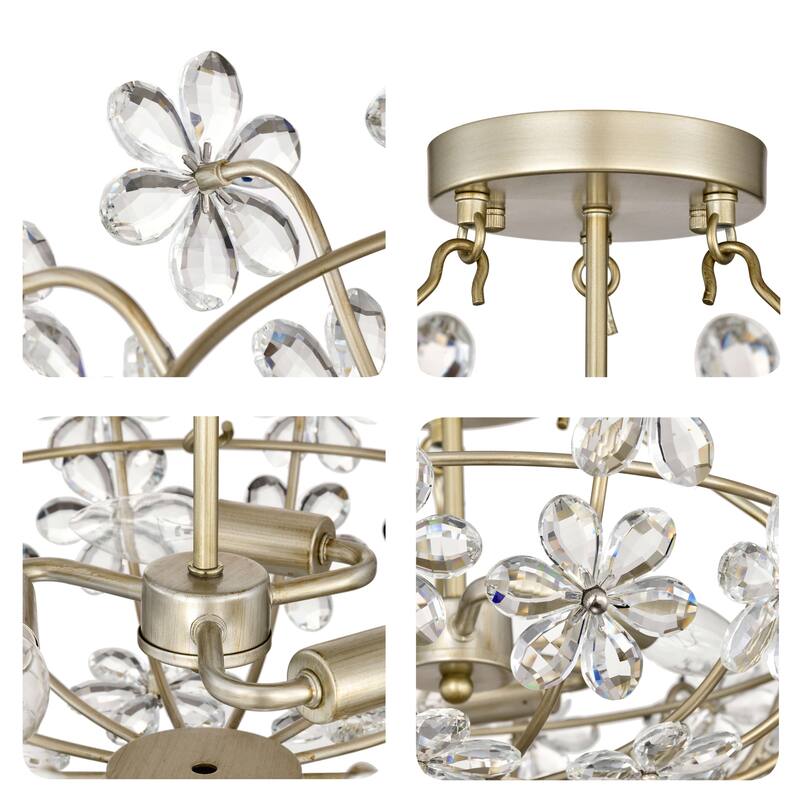 Rosa Glam 3-Light 20" Daisy Crystal Glass Flower Blossom Flush Mount - Brushed Silver-ish Champagne