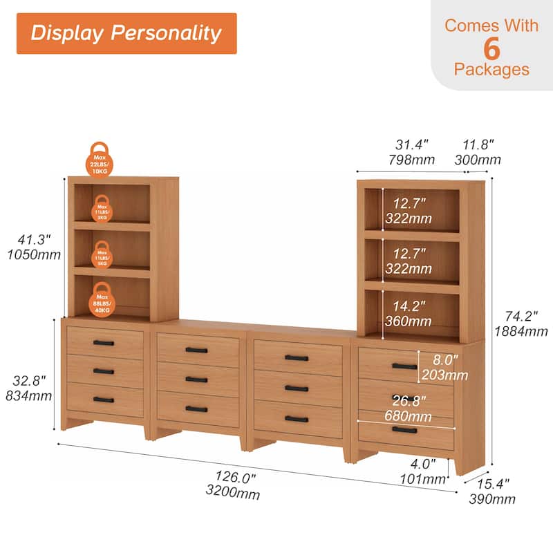 WAMPAT Farmhouse TV Stand for 75 inch TVs, Modular Media Console with Storage Drawers