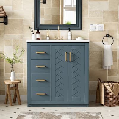 30'' Bathroom Vanity with Ceramic Sink, Freestanding Bathroom Vanity Cabinet with 3 Storage Drawers and 2 Soft Close Doors