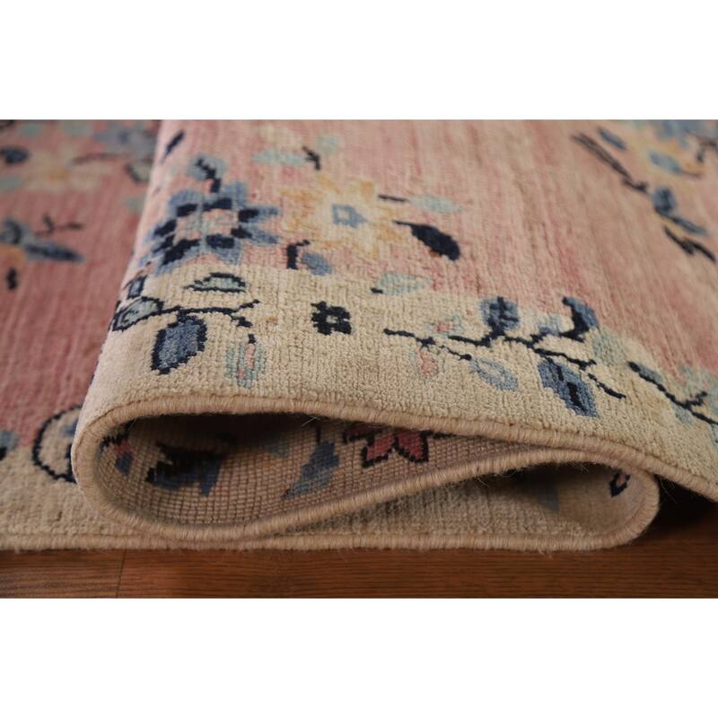 Pink Floral Oushak Vegetable Dye Runner Rug Hand-knotted Wool Carpet - 3'5"x 11'7"