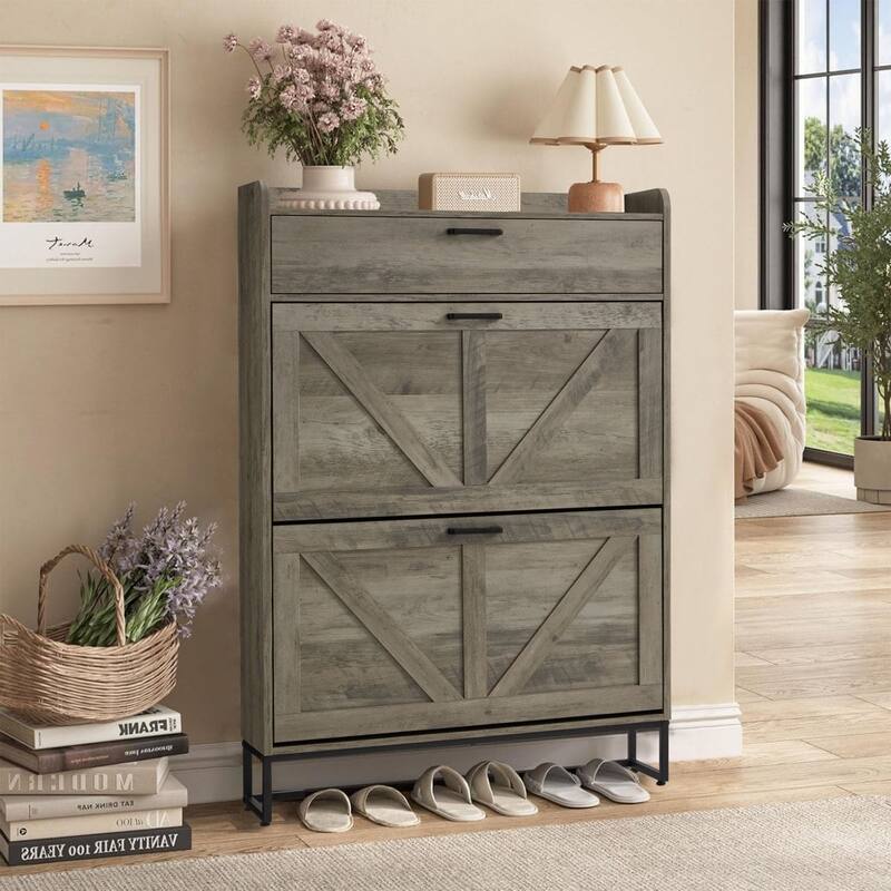 AVAWING Freestanding Farmhouse Shoe Cabinet - 2 Flip Drawers & Adjustable Shelves, Entryway Slim Storage with Side Hooks.