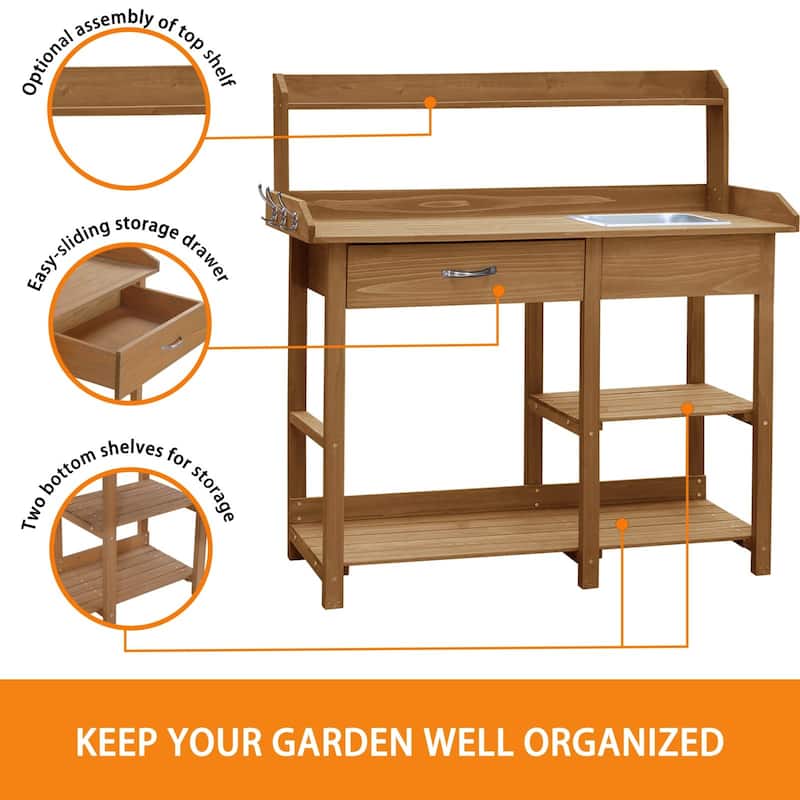 VEIKOUS Outdoor Wood Garden Multi - Functional Potting & Planting Workbench with Shelves