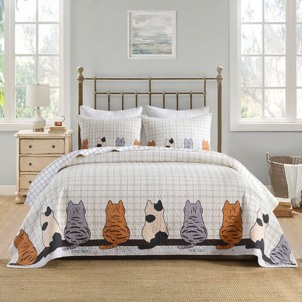 3 Pcs Cat Silhouette Checkered Quilt Bedspread Set