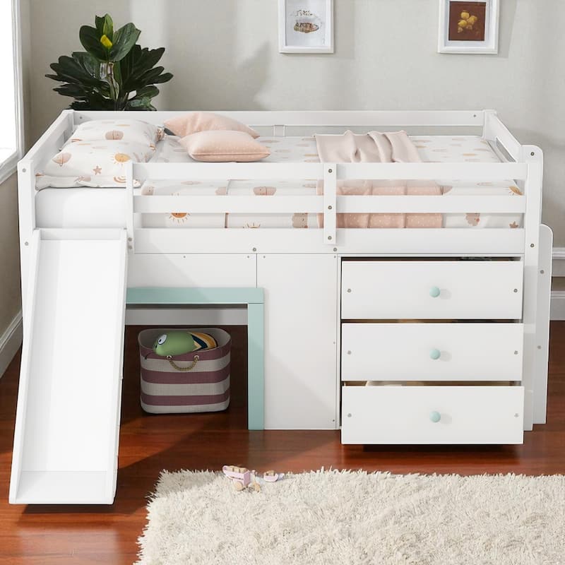 Full Size Low Loft Bed with Slide, 3 Storage Drawers, 2 Doors, Solid Wood Frame, White Loft Bed for Kids