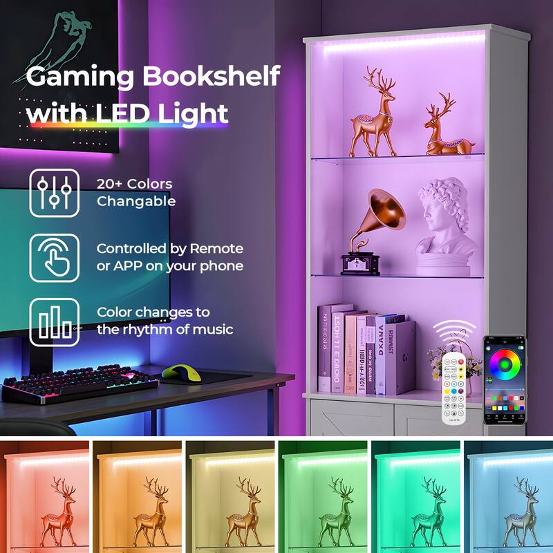 White Wooden Freestanding Open Shelves Storage Cabinet with Glass Doors and RGB LED Lights - 23.62” x 9.25” x 70.9” (L x W x H)
