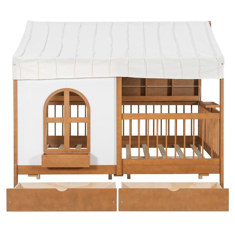 Full Size House Bed with 2 Drawers, Side Bookshelf with LED Strip