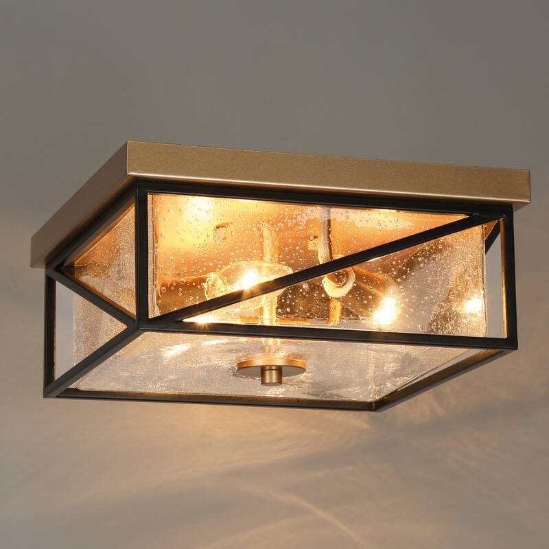 Modern 3-Light Square Black Gold Flush Mount Glass Ceiling Light for Foyer