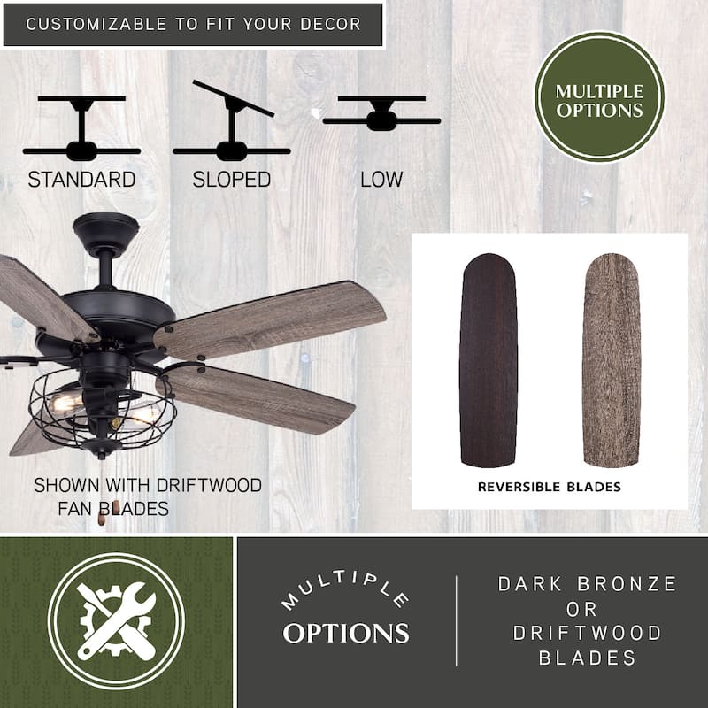 Reed 48-in. Matte Black Farmhouse Ceiling Fan with LED Cage Light Kit and Pull Chains - 48-in W x 20-in H x 48-in D