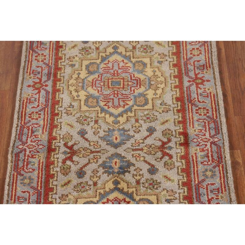 Geometric Gray Kazak Indian Runner Rug Handmade Wool Carpet - 2'6"x 7'11"