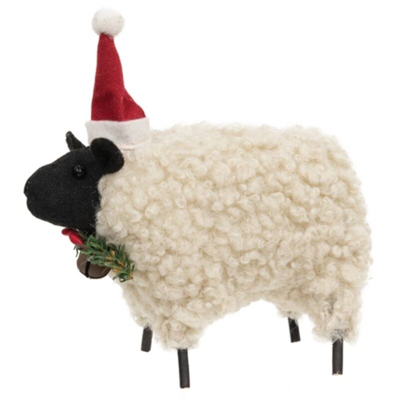 Stuffed Standing Primitive Santa Hat Sheep Christmas Decoration - 5" x 4" x 7.50" - Black-White