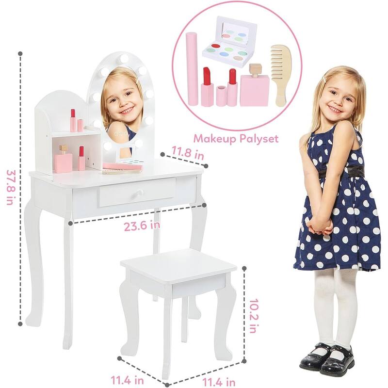 Kids Vanity Dressing Table Toy, Princess Makeup Desk Set with Light