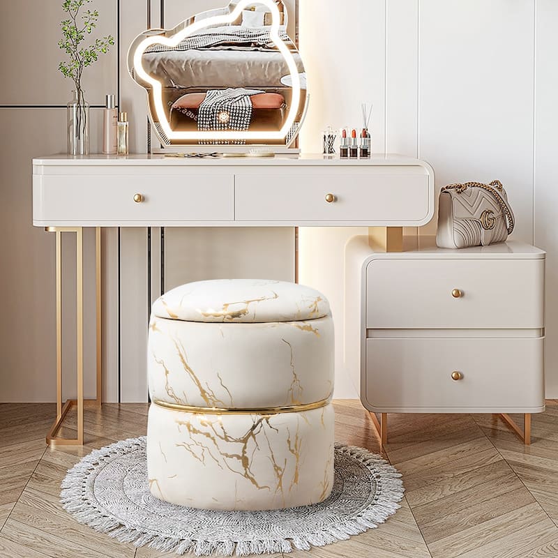 Round Ottoman Set of 2 with Storage,Sherpa Vanity Stool,Multifunctional Ottomans with Removable Lid, Foot Rest
