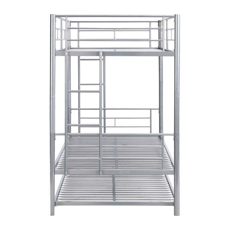 Silver Metal Bunk Bed with Trundle, Space-Saving, Sturdy Steel Frame, Easy Assembly, No Box Spring Needed