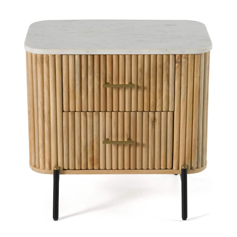Modrest Cambridge Modern White Marble & Washed Mango 2 Drawer Nightstand