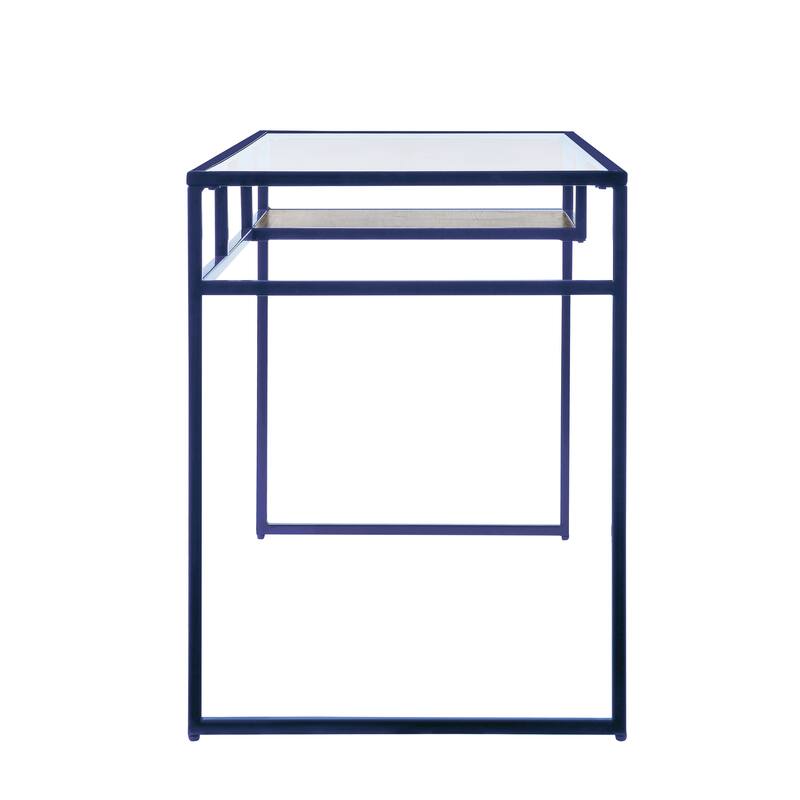 Contemporary Writing Desk with 5mm Glass Surface, Metal Sled Base, and Open Storage Shelf for Organized Workspace