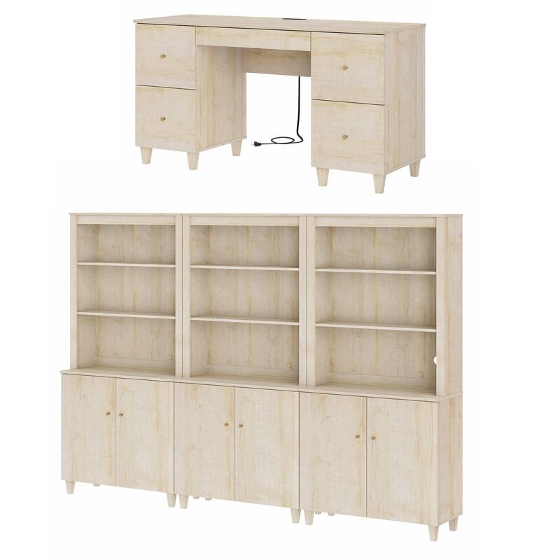 WAMPAT Home Office Furniture Set, 58" Executive Desk with Drawers, 3-Column 71" Tall Bookcase with Doors and Adjustable Shelves