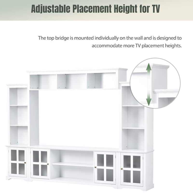 Roomfitters Minimalist Entertainment Wall Unit with Bridge, Modern TV Stand with Tempered Glass Door and Storage