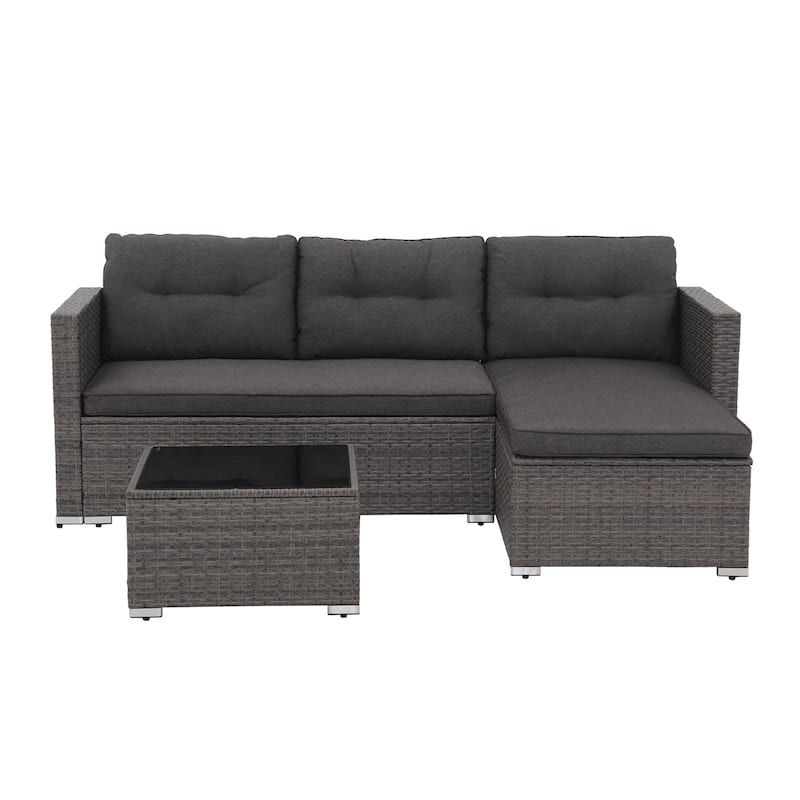 L-Shaped Outdoor Sectional Sofa, PE Wicker Patio Sofa Set with Table and Cushions