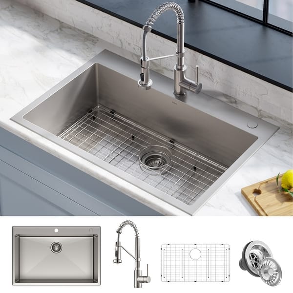 slide 2 of 15, KRAUS Stark 33-inch Undermount Drop-in Kitchen Sink Pulldown Faucet Combo