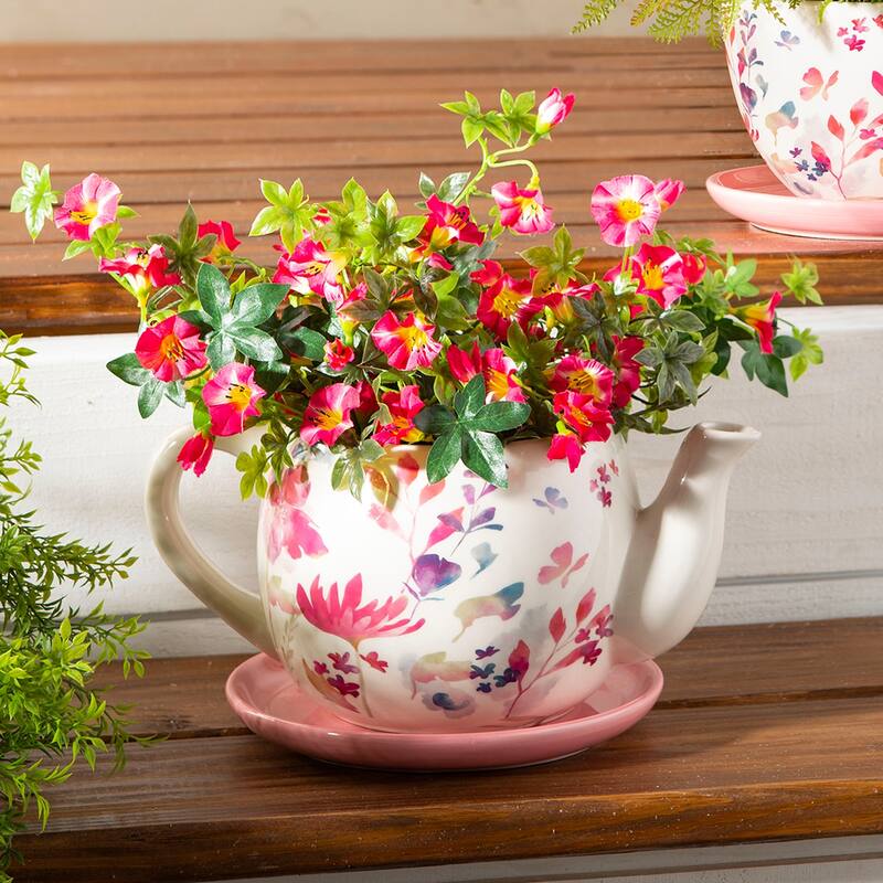 Floral Indoor/Outdoor Pink Ceramic Tea Pot Planter with Saucer