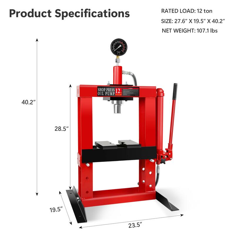12-Ton Adjustable Benchtop Hydraulic Shop Press with Stamping Plates ...