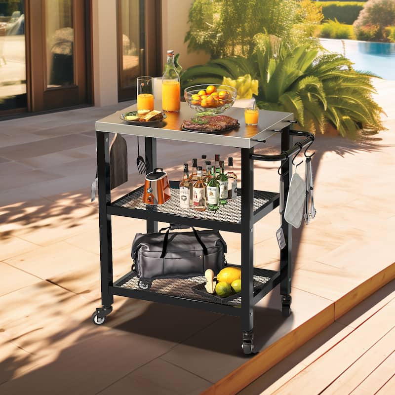 Moasis Outdoor Grill Cart Table Patio 3-Shelf Food Prep Table with Stainless Steel Flattop and Wheels