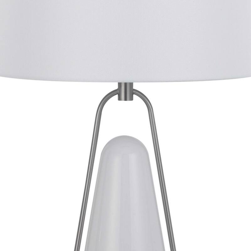 29 Inch Table Lamp, LED Lit, White Drum Hardback, Silver Metal and Glass