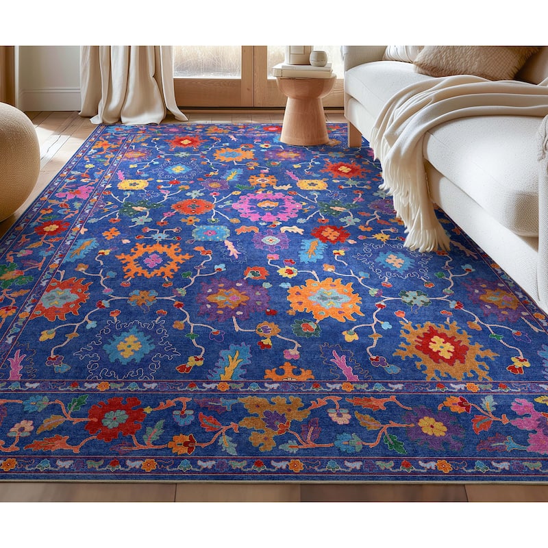 Well Woven Ushak Bodrum Modern Vibrant Floral Flat-Weave Area Rug - 9'10" x 13' - Blue Multi