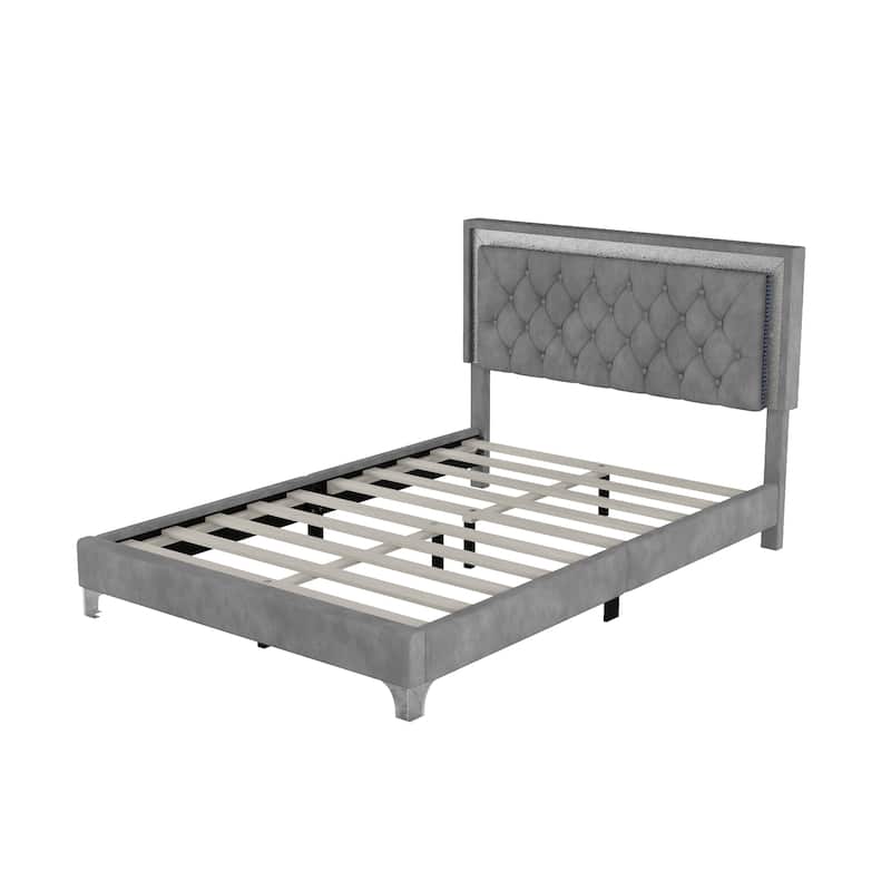 Upholstered Bed Frame with LED Lights,Modern Velvet Platform Bed