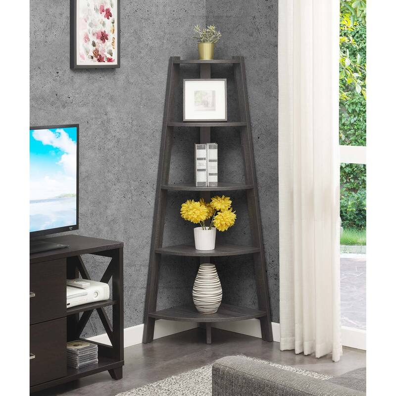 Convenience Concepts Newport 5 Tier Wide Corner Bookcase - Weathered Gray