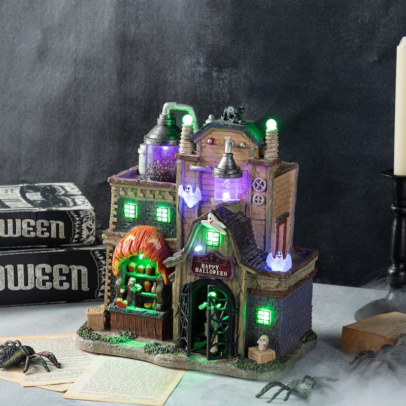 Glitzhome 11"H Lighted Resin Haunted House Table Village Halloween Decorations Gift